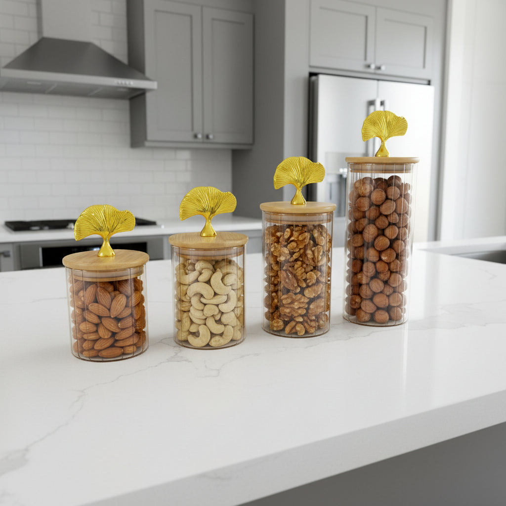 Set de bocaux décoratifs en verre irisé avec couvercles en bois et poignée dorée