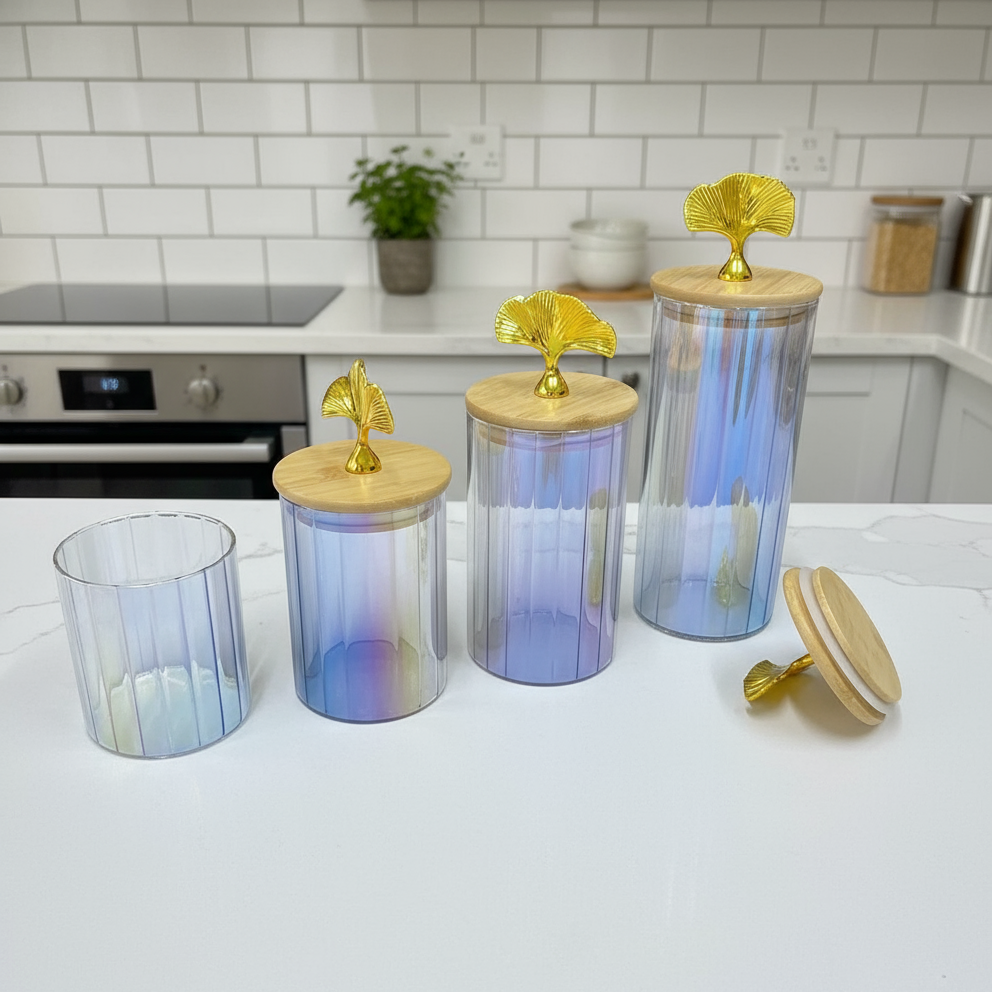 Set de bocaux décoratifs en verre irisé  avec couvercles en bois et poignée dorée