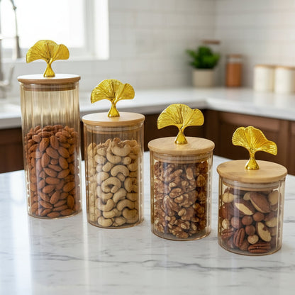 Set de bocaux décoratifs en verre irisé  avec couvercles en bois et poignée dorée